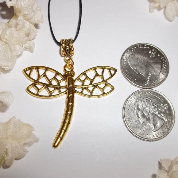 Large Gold Dragonfly Necklace Statement Gift Idea Big Adjustable Length NWT 7282 - Picture 2 of 11